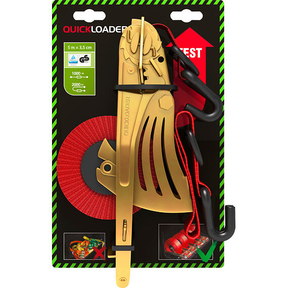 Quickloader - Automatické vázací popruhy, hák se špičkou, D - kroužek, 5,0 m