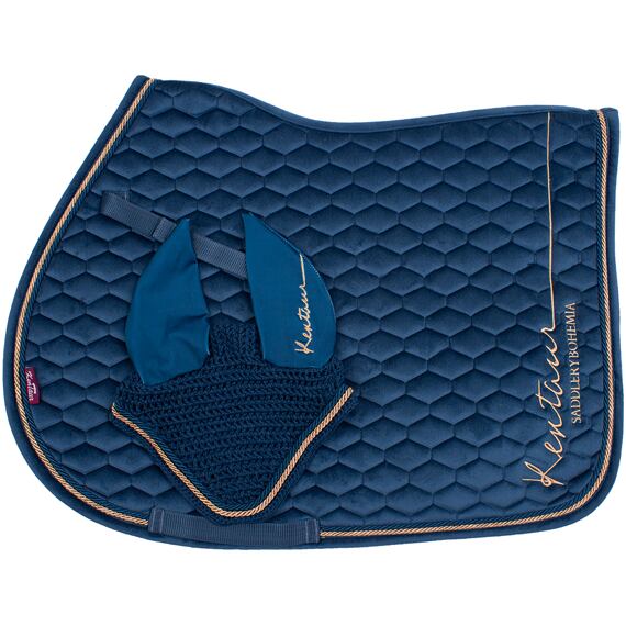 Podsedlová dečka + čabraka na uši KENTAUR Rose Gold samet, modrá, vel. Full